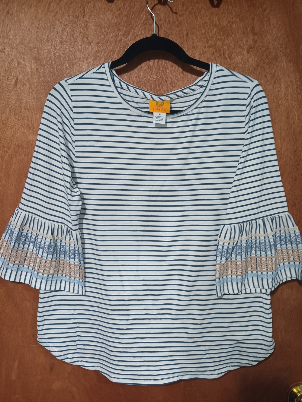 Ruby Rd. Navy & White Striped Long-Sleeve Tee with Lace-Trim Bell Sleeves